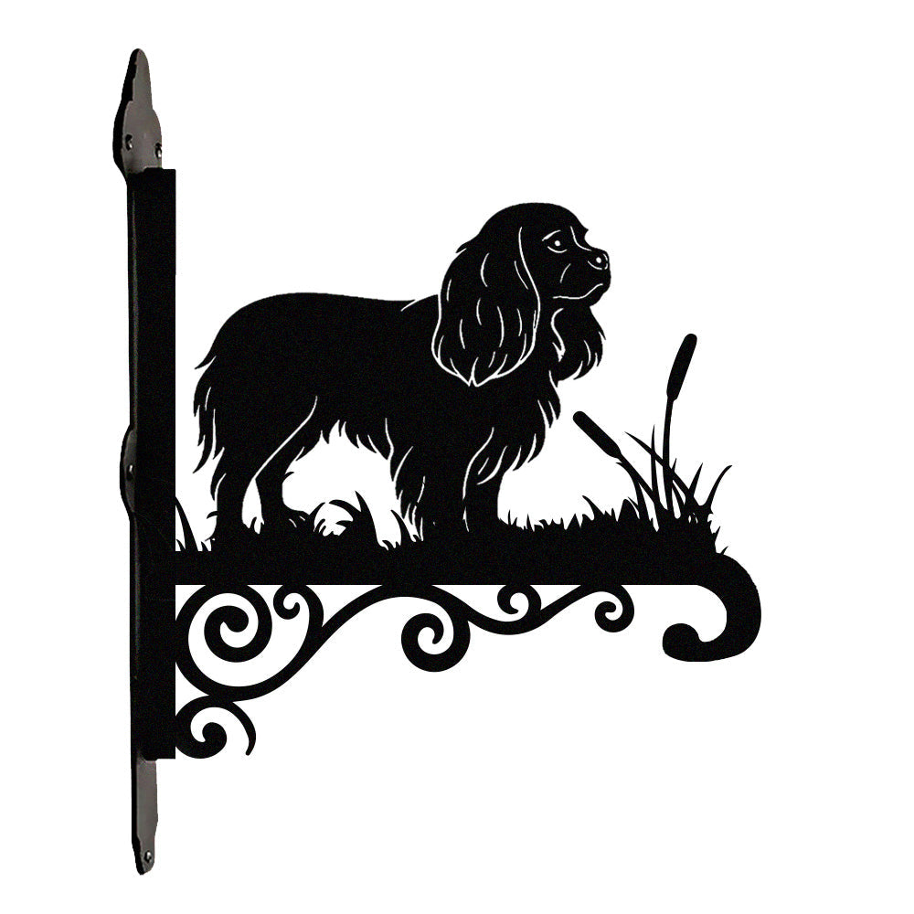 Cavalier king charles spaniel metal hanging basket bracket mounted on outdoor wall for plant decoration