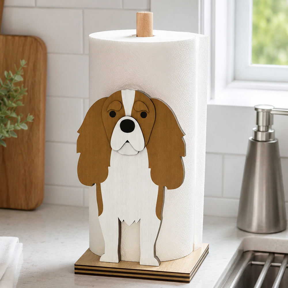 Cavalier King Charles Spaniel Wooden Dog Paper Towel Holder displayed on a kitchen countertop with a freestanding paper towel roll
