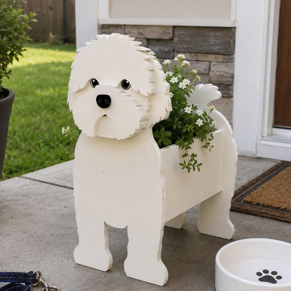 White cavapoo-shaped dog planter containing flowers, decorating the porch