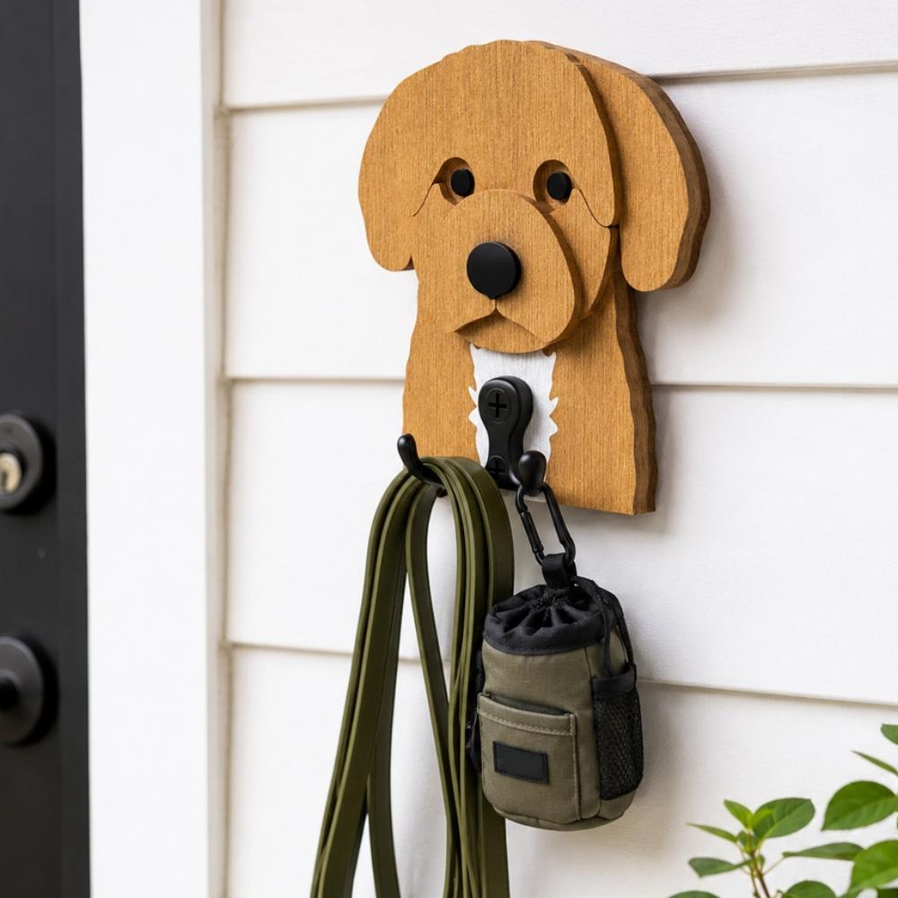 Wooden cavoodle dog wall hook key and leash holder for home entryway organizer
