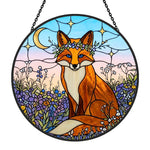 Celestial moonflower fox stained glass suncatcher window hanging, suitable for home and garden decoration