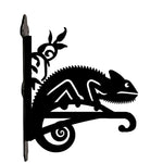 Chameleon lizard on vine metal hanging basket bracket mounted on outdoor wall for plant decoration