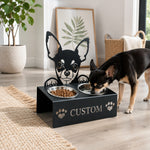 Personalized chihuahua metal dog bowl stand with custom name cutout and two removable feeding bowls