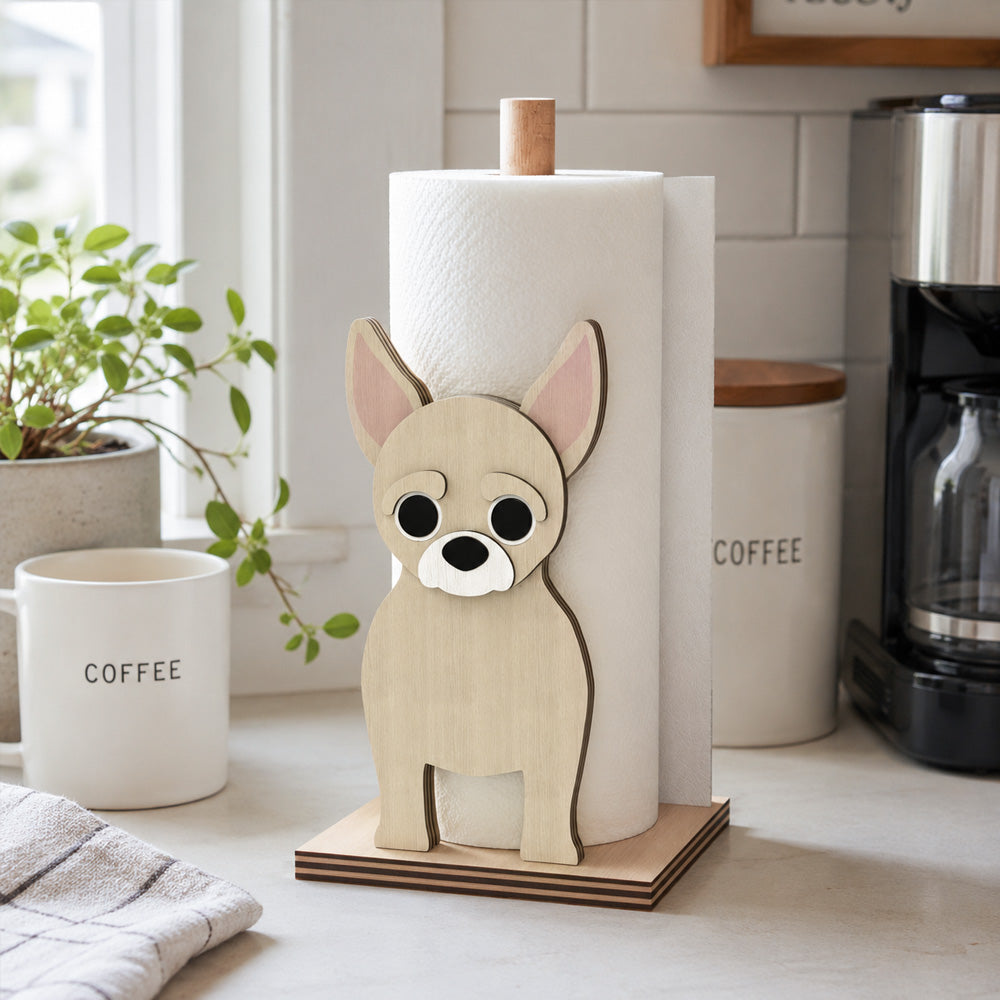 Chihuahua Wooden Dog Paper Towel Holder displayed on a kitchen countertop with a freestanding paper towel roll