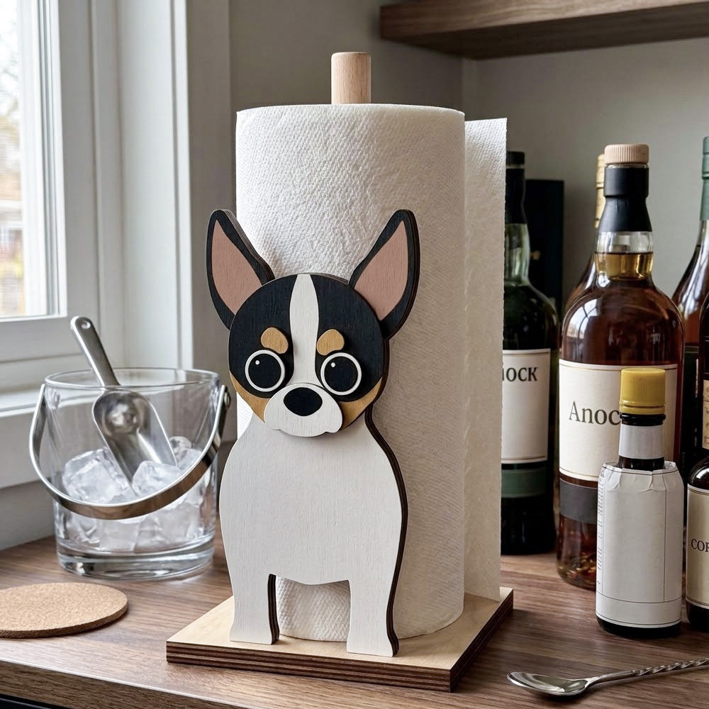 Chihuahua Wooden Dog Paper Towel Holder displayed on a kitchen countertop with a freestanding paper towel roll