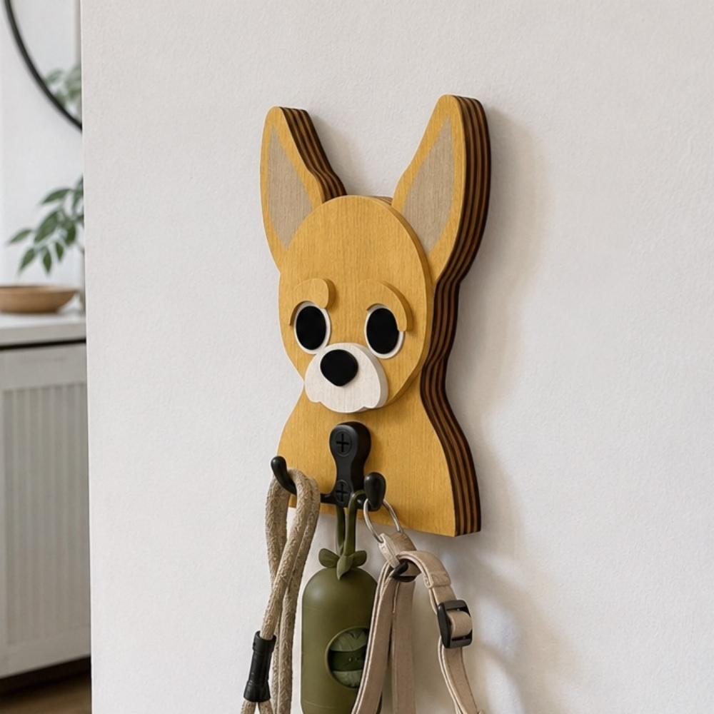 Wooden chihuahua dog wall hook key and leash holder for home entryway organizer