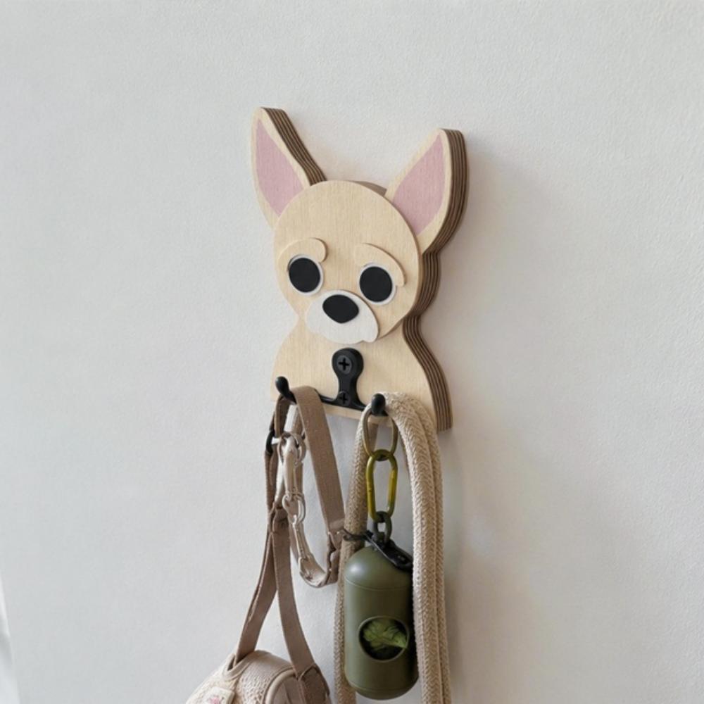 Wooden chihuahua dog wall hook key and leash holder for home entryway organizer