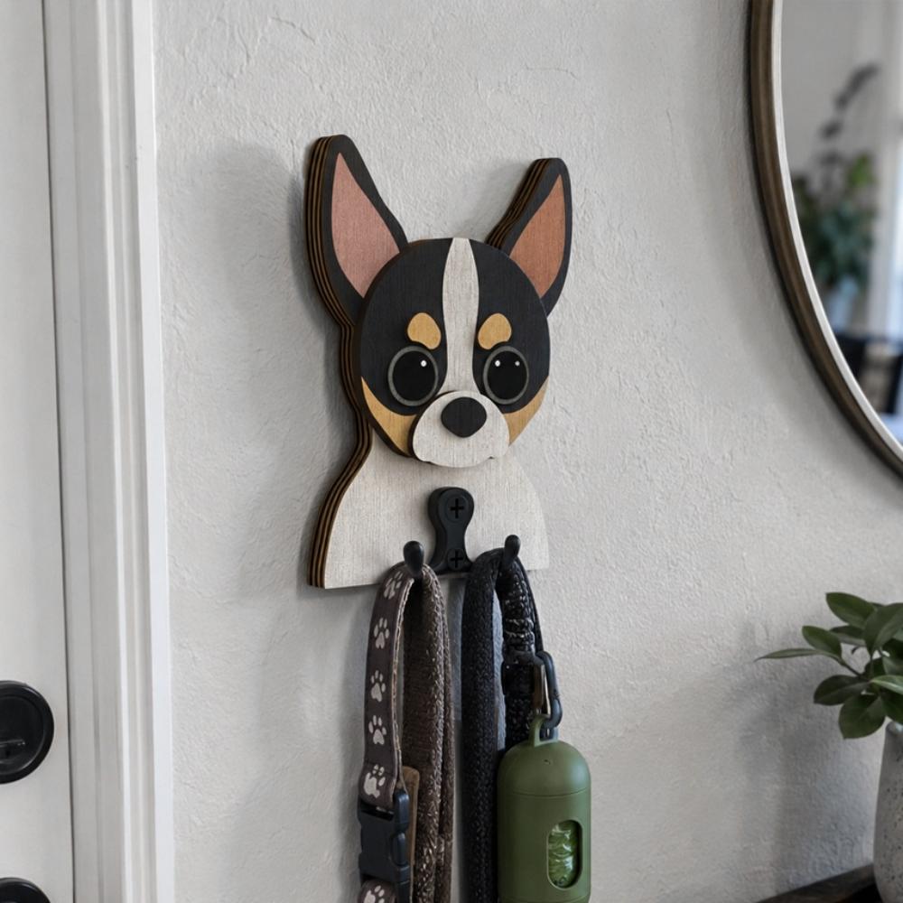 Wooden chihuahua dog wall hook key and leash holder for home entryway organizer