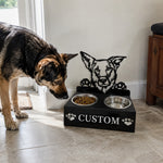 Personalized chinook dog metal dog bowl stand with custom name cutout and two removable feeding bowls