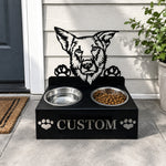 Personalized chinook dog metal dog bowl stand with custom name cutout and two removable feeding bowls