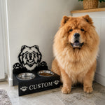 Personalized chow chow metal dog bowl stand with custom name cutout and two removable feeding bowls