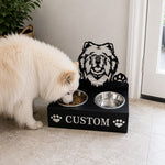 Personalized chow chow metal dog bowl stand with custom name cutout and two removable feeding bowls