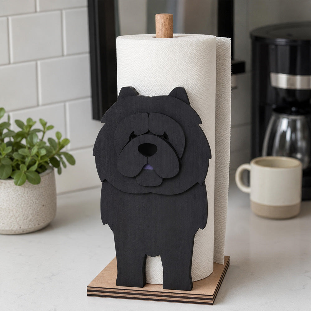 Chow Chow Wooden Dog Paper Towel Holder displayed on a kitchen countertop with a freestanding paper towel roll