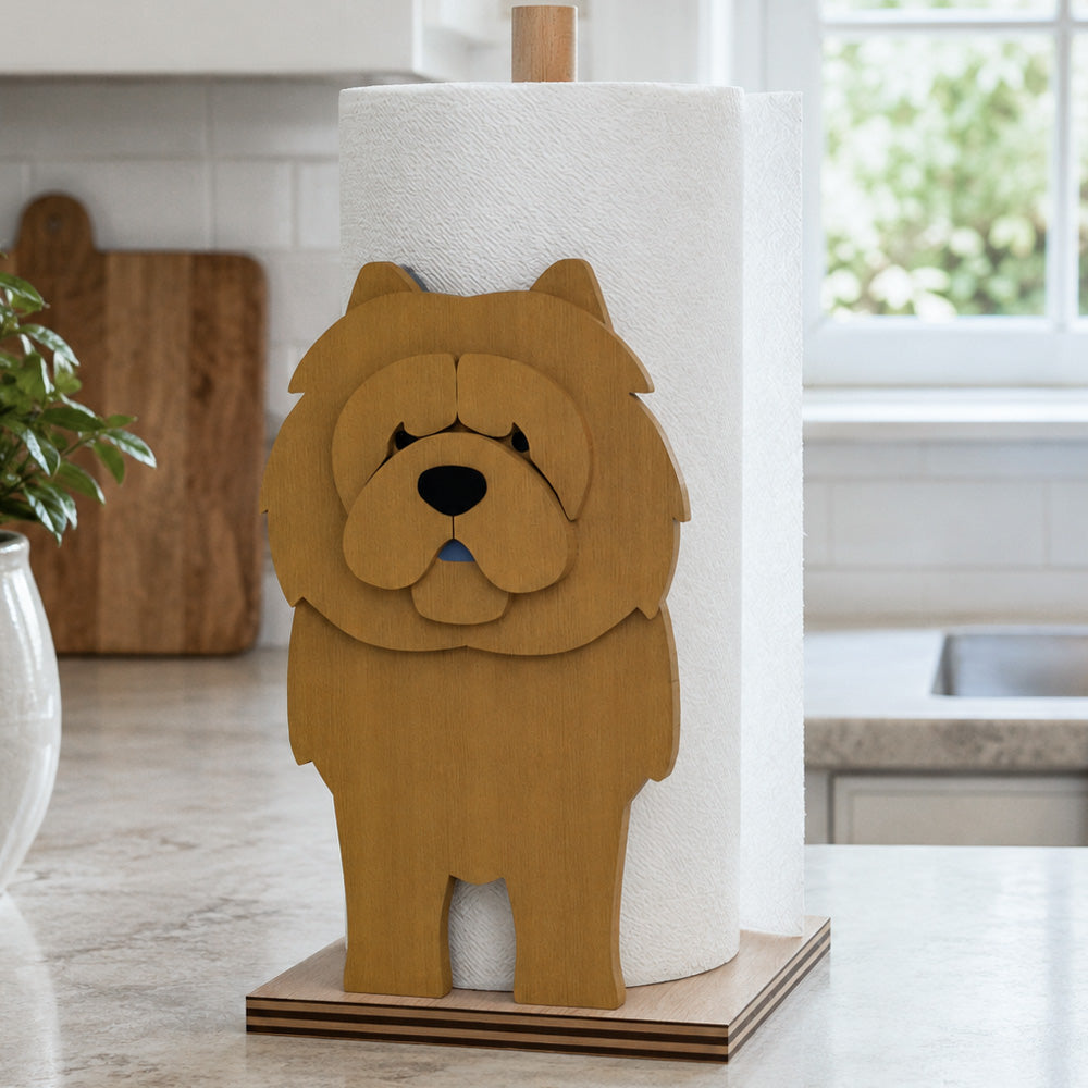 Chow Chow Wooden Dog Paper Towel Holder displayed on a kitchen countertop with a freestanding paper towel roll