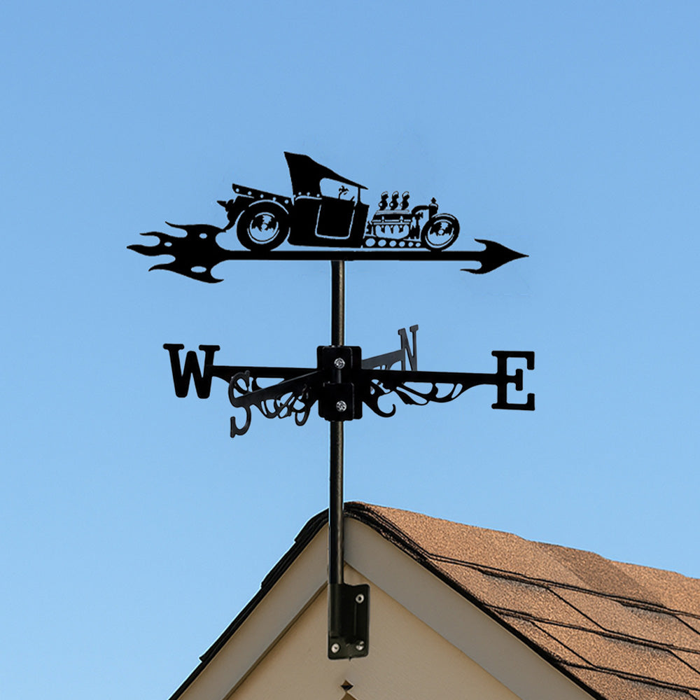 Classic hot rod metal weather vane with directional arrows and mounting rod, outdoor roof and garden decoration