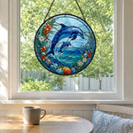 Coastal beach house jumping dolphin pair stained glass suncatcher window hanging, suitable for home and garden decoration