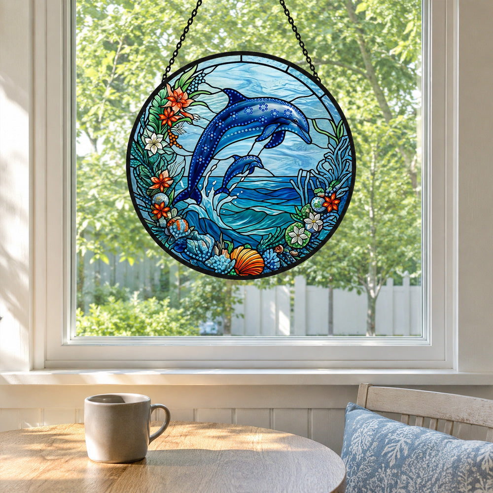 Coastal beach house jumping dolphin pair stained glass suncatcher window hanging, suitable for home and garden decoration