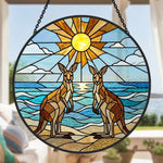 Coastal sunrise kangaroos stained glass suncatcher window hanging, suitable for home and garden decoration
