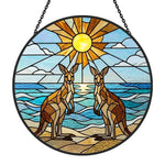 Coastal sunrise kangaroos stained glass suncatcher window hanging, suitable for home and garden decoration