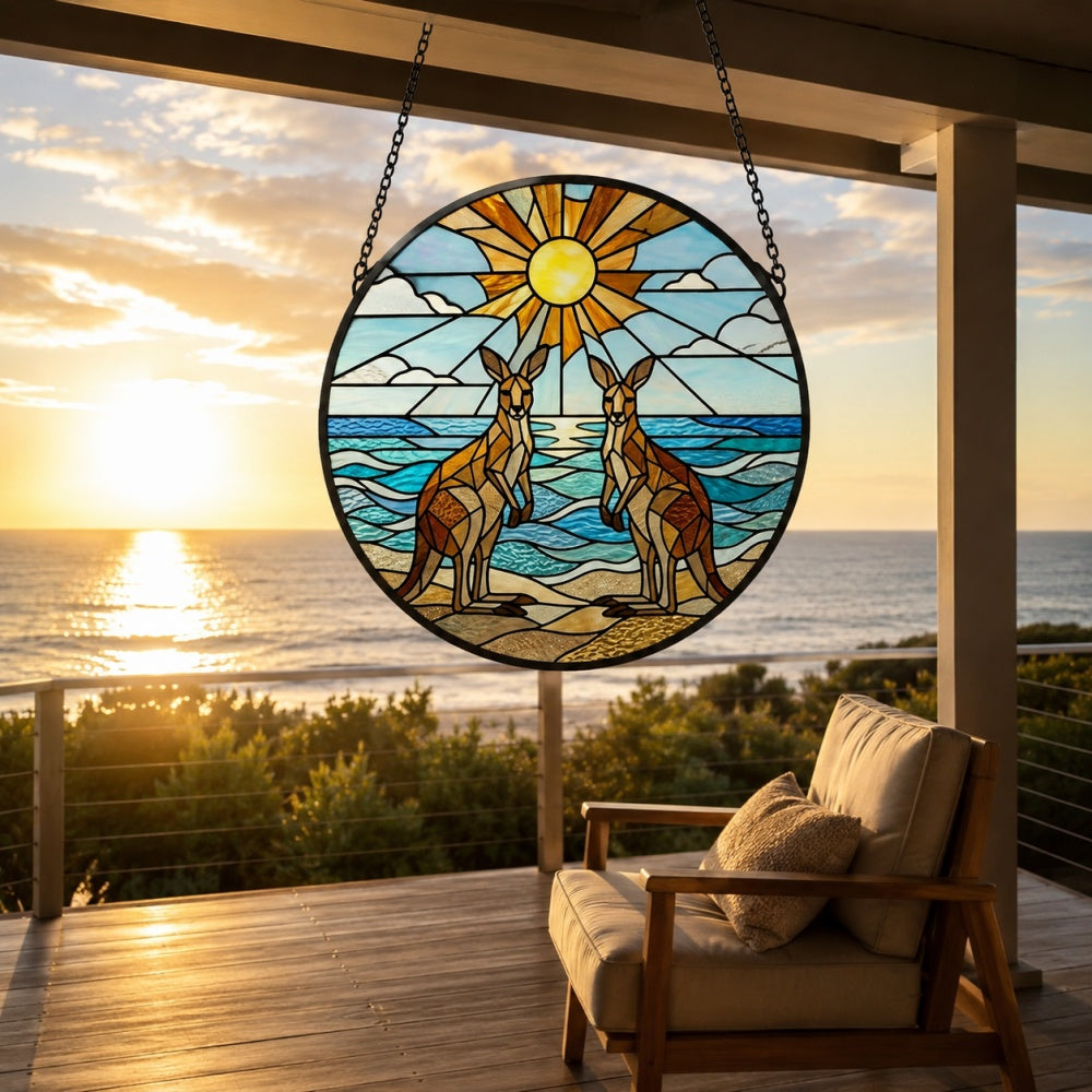 Coastal sunrise kangaroos stained glass suncatcher window hanging, suitable for home and garden decoration
