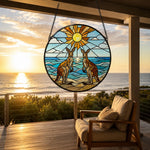 Coastal sunrise kangaroos stained glass suncatcher window hanging, suitable for home and garden decoration