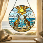 Coastal sunrise kangaroos stained glass suncatcher window hanging, suitable for home and garden decoration
