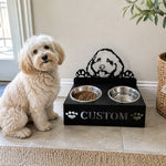 Personalized cockapoo metal dog bowl stand with custom name cutout and two removable feeding bowls