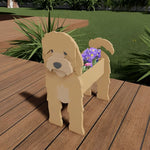 Cockapoo dog planter filled with fresh flowers is placed in the garden