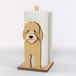 Cockapoo Wooden Dog Paper Towel Holder displayed on a kitchen countertop with a freestanding paper towel roll