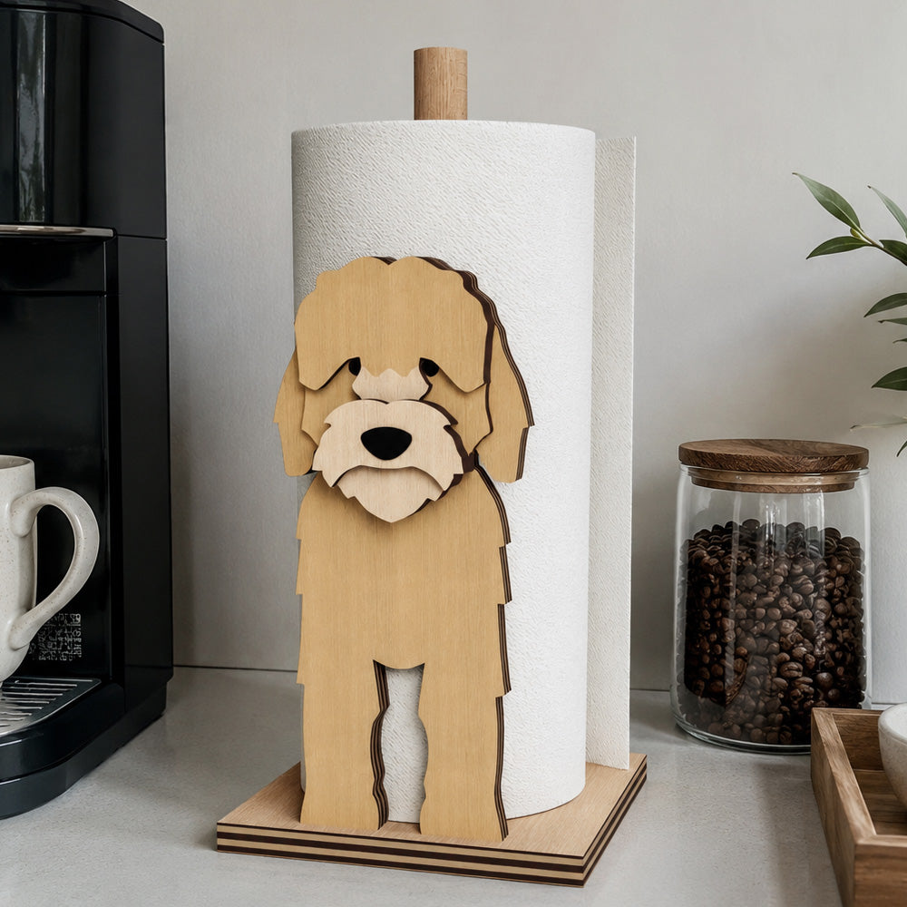 Cockapoo Wooden Dog Paper Towel Holder displayed on a kitchen countertop with a freestanding paper towel roll