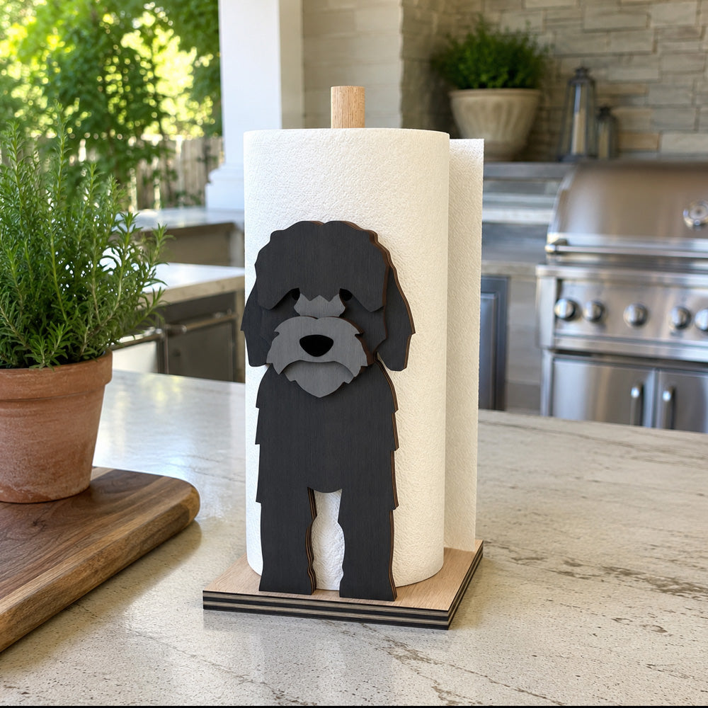 Cockapoo Wooden Dog Paper Towel Holder displayed on a kitchen countertop with a freestanding paper towel roll