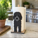 Cockapoo Wooden Dog Paper Towel Holder displayed on a kitchen countertop with a freestanding paper towel roll