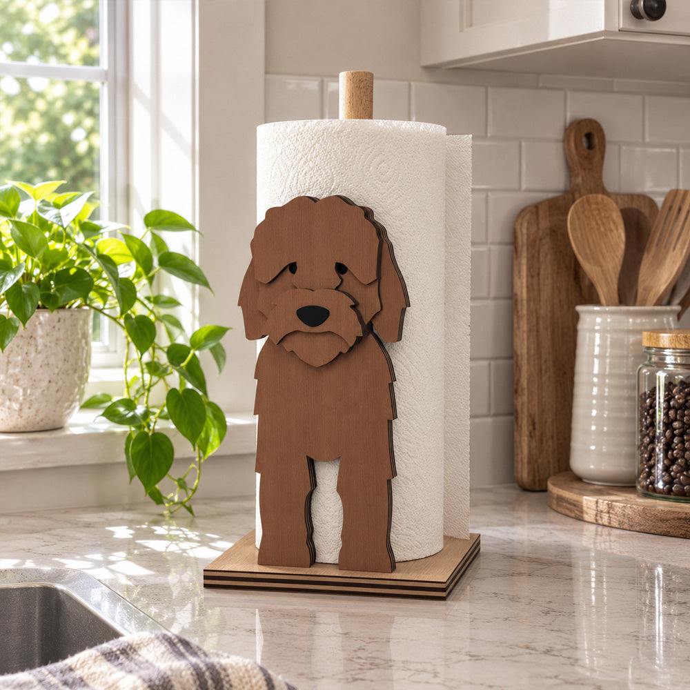 Cockapoo Wooden Dog Paper Towel Holder displayed on a kitchen countertop with a freestanding paper towel roll