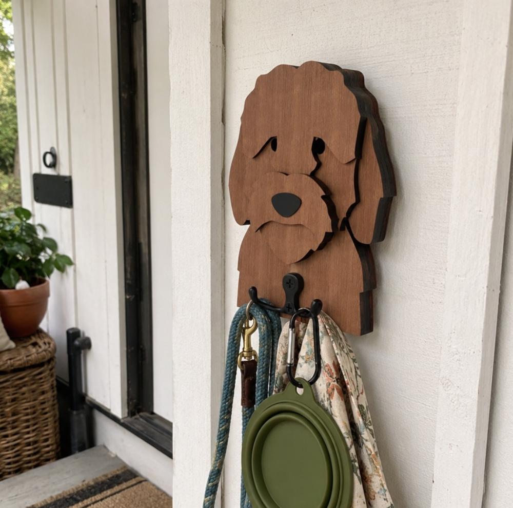 Wooden cockapoo dog wall hook key and leash holder for home entryway organizer