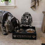 Personalized cocker spaniel metal dog bowl stand with custom name cutout and two removable feeding bowls