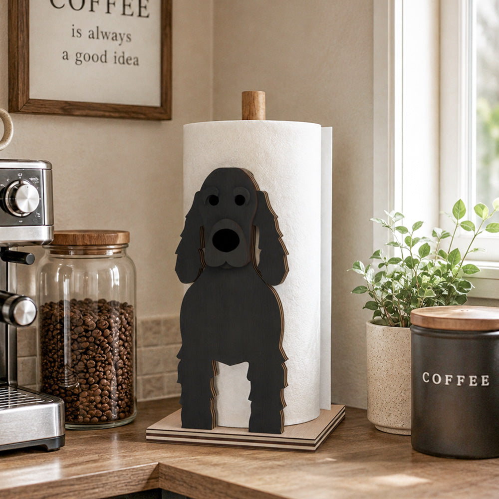 Cocker Spaniel Wooden Dog Paper Towel Holder displayed on a kitchen countertop with a freestanding paper towel roll