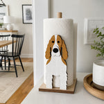 Cocker Spaniel Wooden Dog Paper Towel Holder displayed on a kitchen countertop with a freestanding paper towel roll