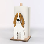 Cocker Spaniel Wooden Dog Paper Towel Holder displayed on a kitchen countertop with a freestanding paper towel roll