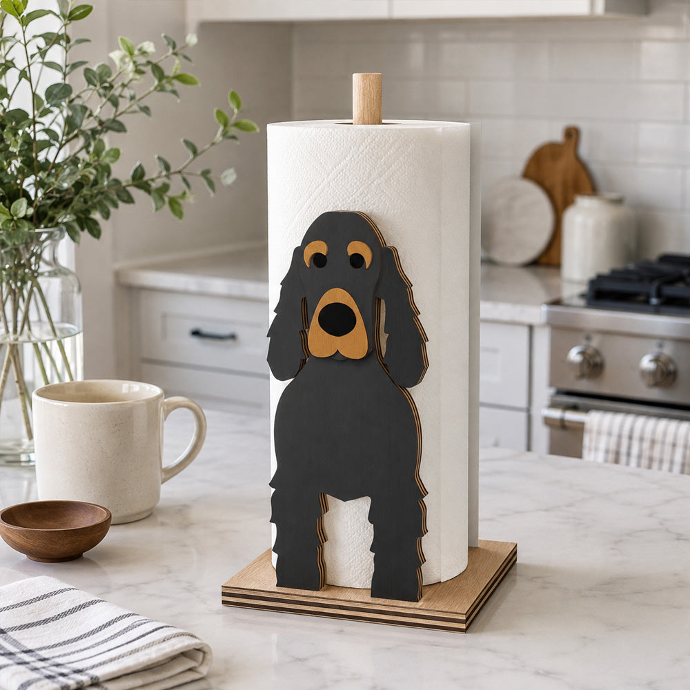 Cocker Spaniel Wooden Dog Paper Towel Holder displayed on a kitchen countertop with a freestanding paper towel roll