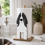 Cocker Spaniel Wooden Dog Paper Towel Holder displayed on a kitchen countertop with a freestanding paper towel roll