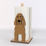 Cocker Spaniel Wooden Dog Paper Towel Holder displayed on a kitchen countertop with a freestanding paper towel roll