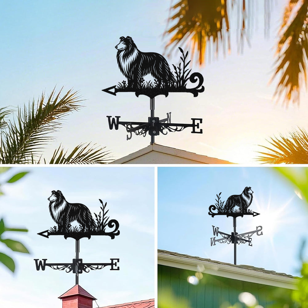 Collie metal weather vane with directional arrows and mounting rod, outdoor roof and garden decoration