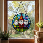 Colorful garden gnomes stained glass suncatcher window hanging, suitable for home and garden decoration