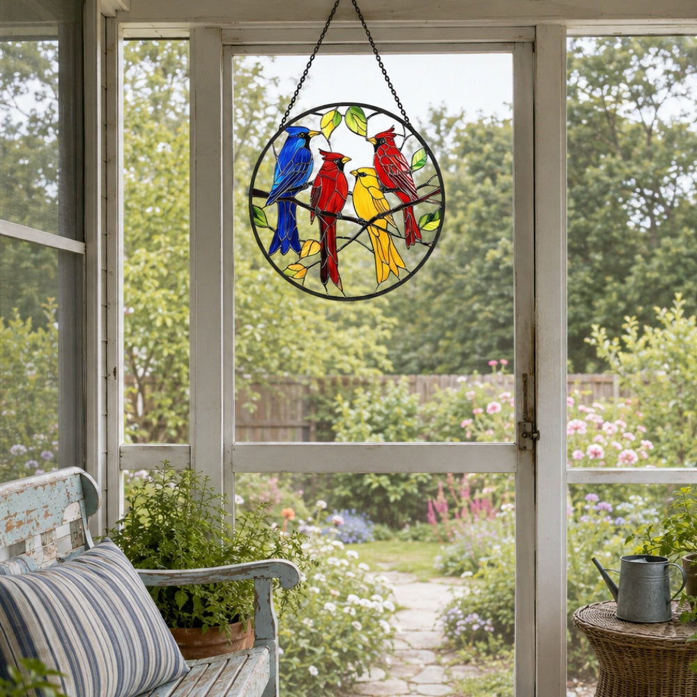 Colorful songbirds stained glass suncatcher window hanging, suitable for home and garden decoration