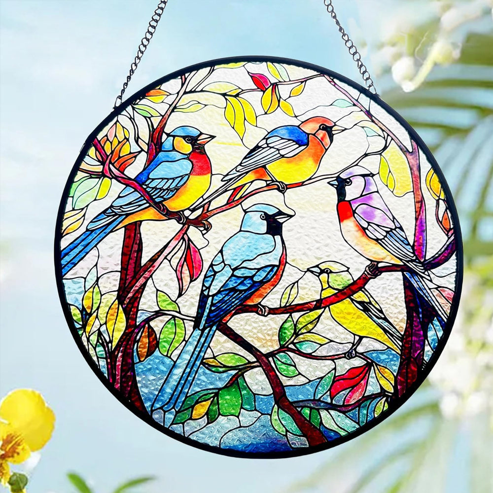 Colorful songbirds stained glass suncatcher window hanging, suitable for home and garden decoration
