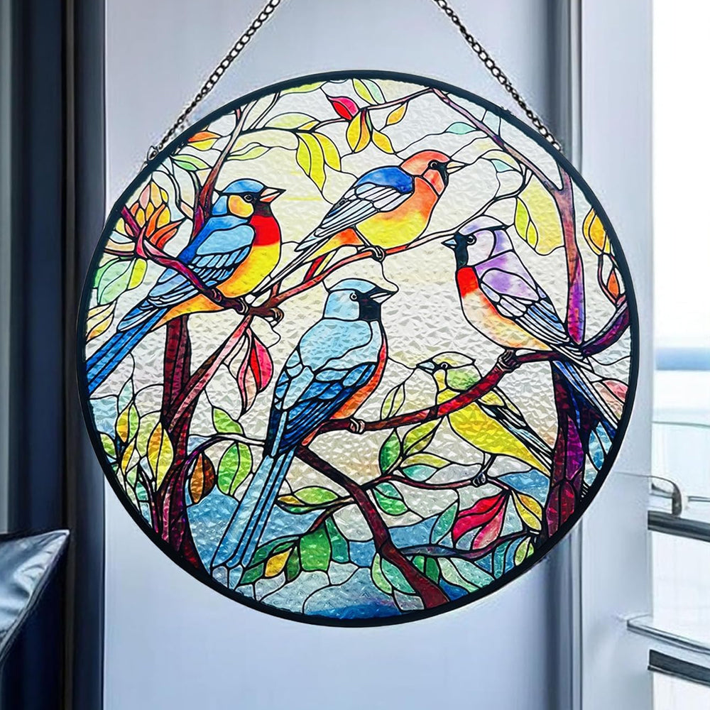 Colorful songbirds stained glass suncatcher window hanging, suitable for home and garden decoration