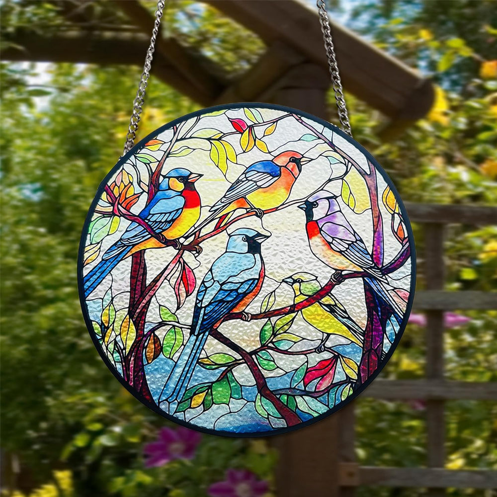 Colorful songbirds stained glass suncatcher window hanging, suitable for home and garden decoration