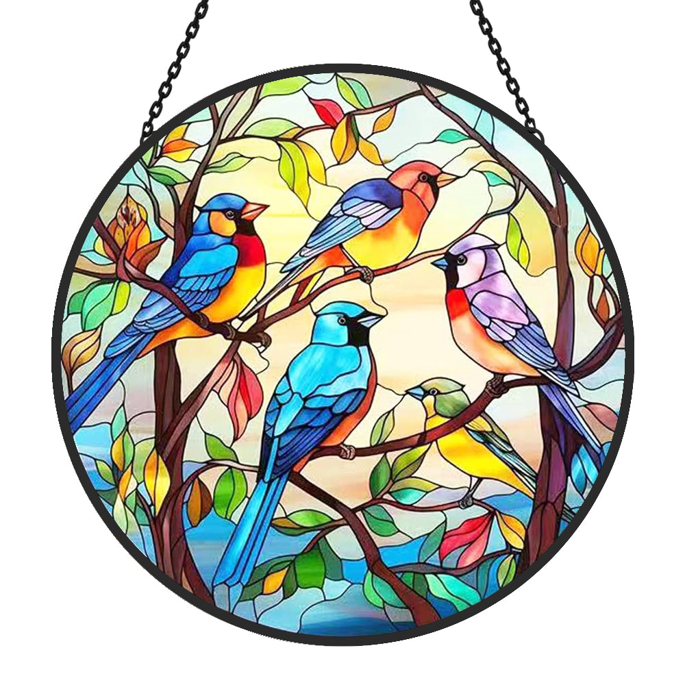 Colorful songbirds stained glass suncatcher window hanging, suitable for home and garden decoration