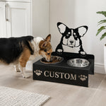 Personalized corgi metal dog bowl stand with custom name cutout and two removable feeding bowls