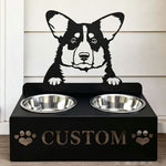 Personalized corgi metal dog bowl stand with custom name cutout and two removable feeding bowls
